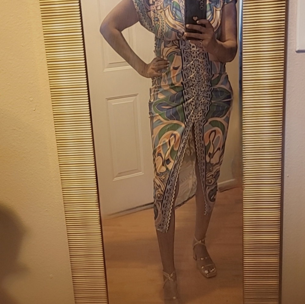 Fit Like A Glove Midi Floral Dress With Low V-cut neckline and Slit